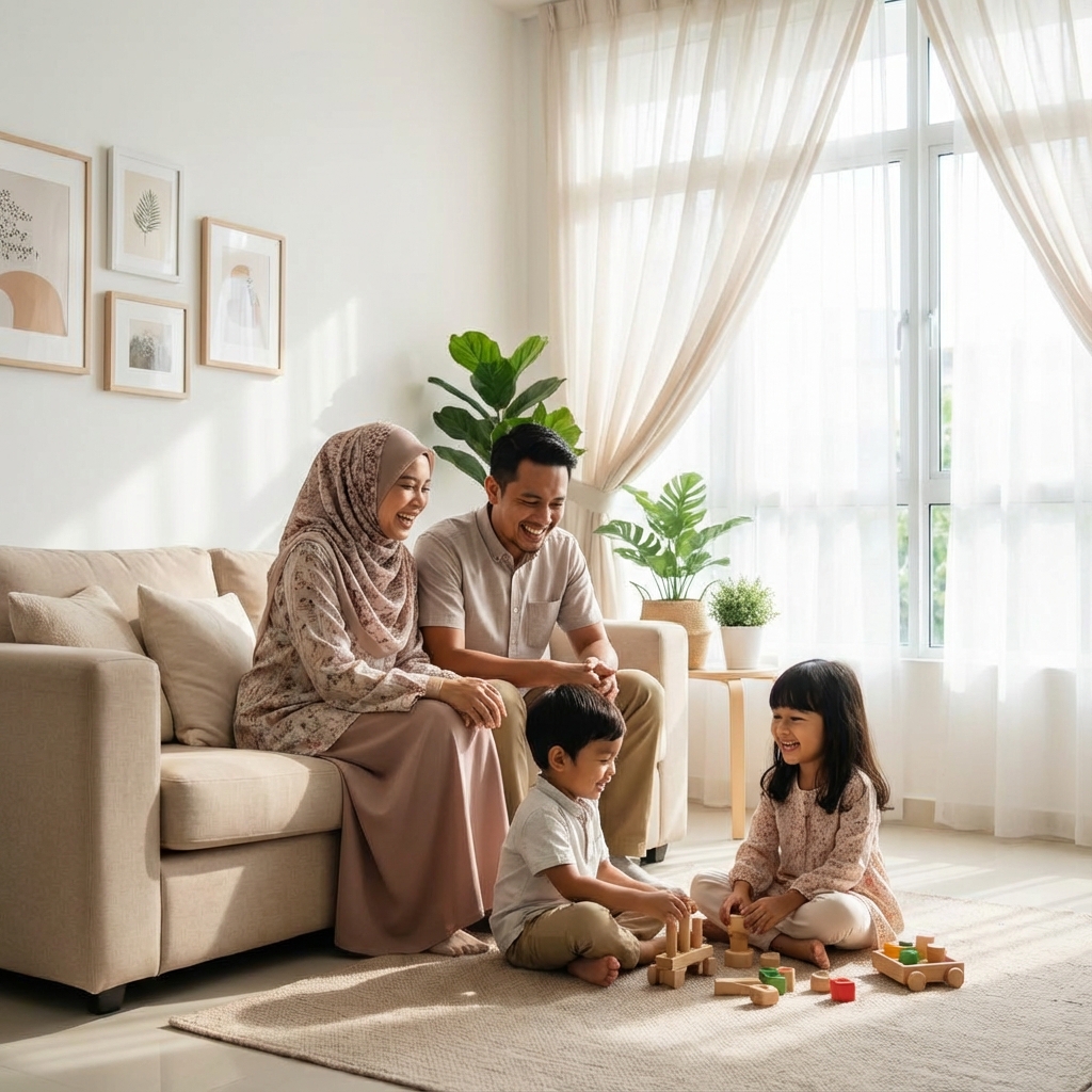 Happy family enjoying time together in a modern living room